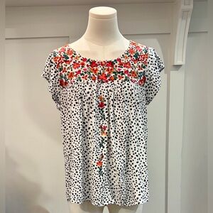 Savanna Jane Boho White & Black Polka Dot Top with Floral Embroidery Size Medium